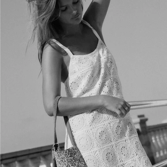 Zara Medium White and Tan Crochet Mini Summer | Boho Dress - Picture 2 of 9